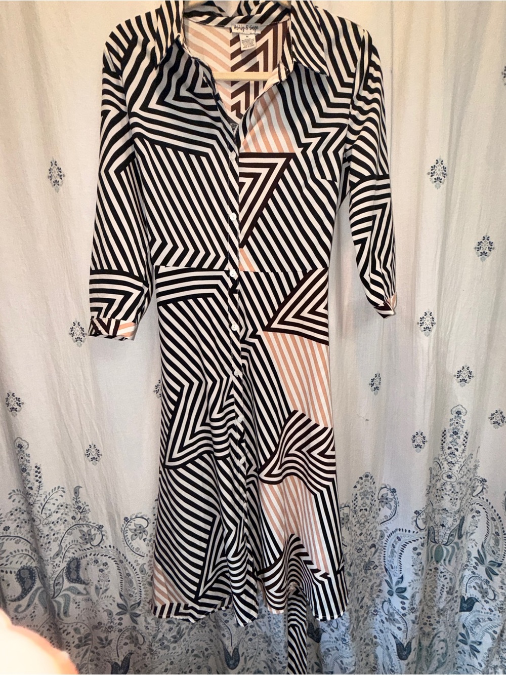 Ashley & Sage Geometric Striped Button-front Midi Shirt Dress Size Medium